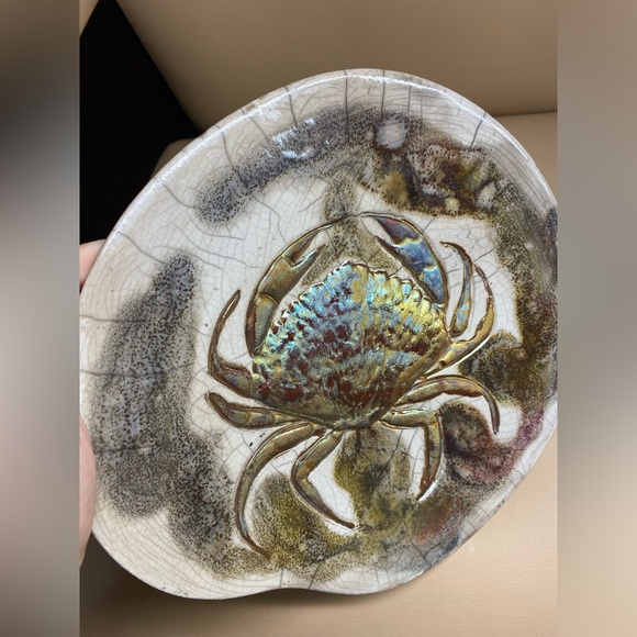 Crab Raku Art Pottery Glazed Decorative Plate Bowl 10 3/4” - Picture 5 of 9